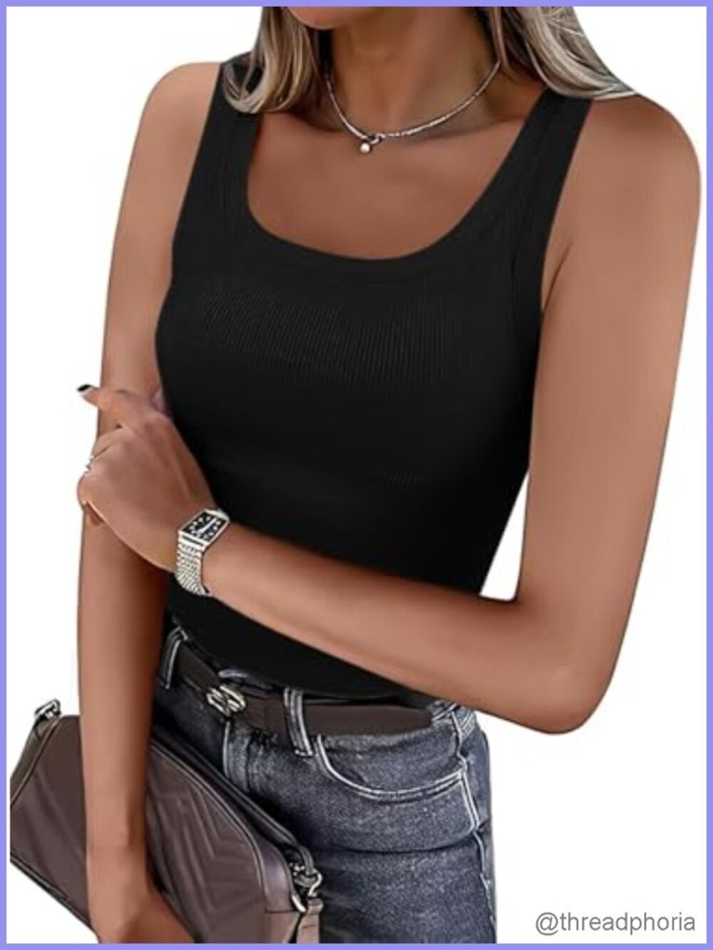 Women's Tank Top with Built-in Bra Square Neck Sleeveless Ribbed Fitted Casual